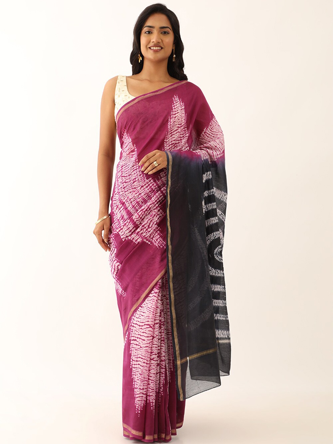 

Taneira Tie and Dye Zari Silk Cotton Saree, Pink