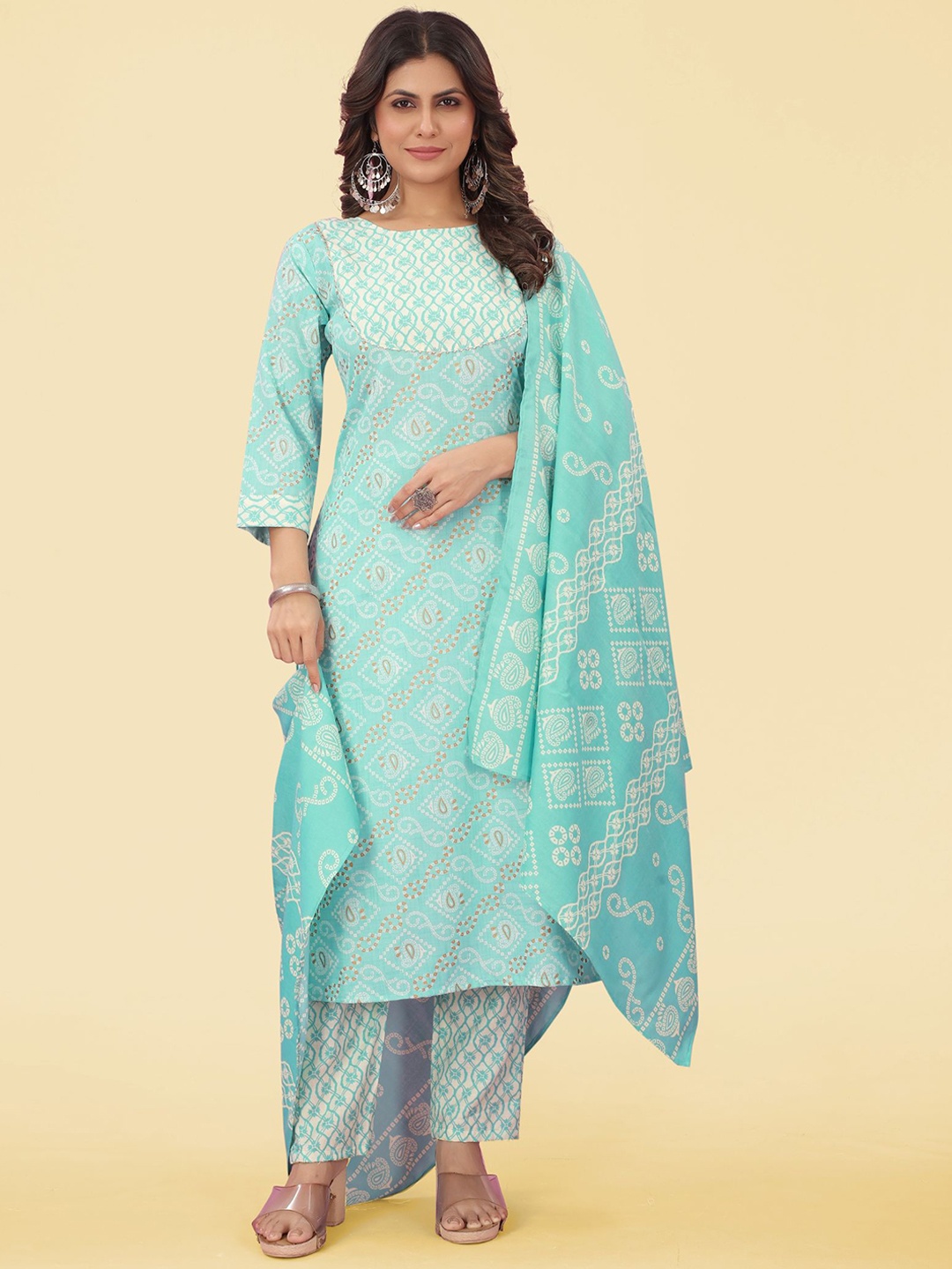 

KALINI Bandhani Printed Gotta Patti Straight Kurta & Trousers With Dupatta, Turquoise blue