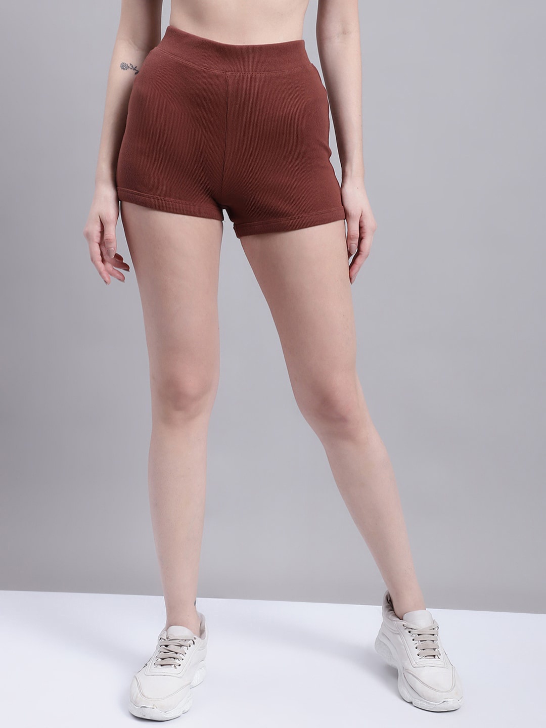 

NoBarr Women Mid-Rise Acrylic Hot Pants Shorts, Brown
