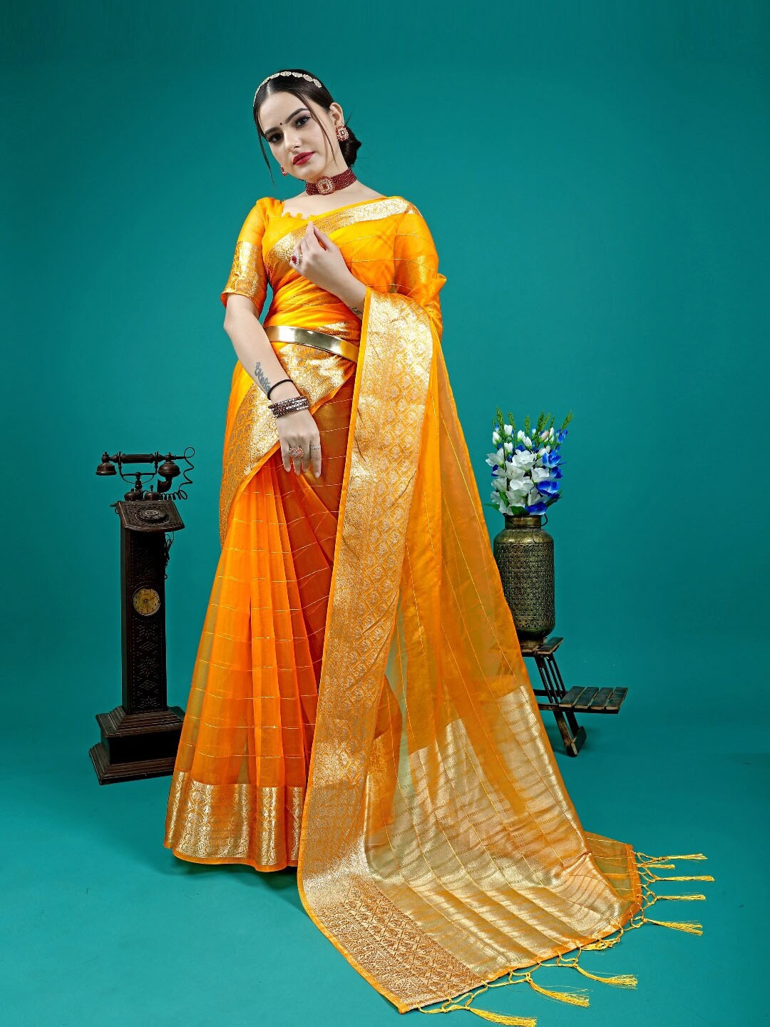 

AVANTIKA FASHION Woven Design Zari Detailed Organza Banarasi Saree, Yellow