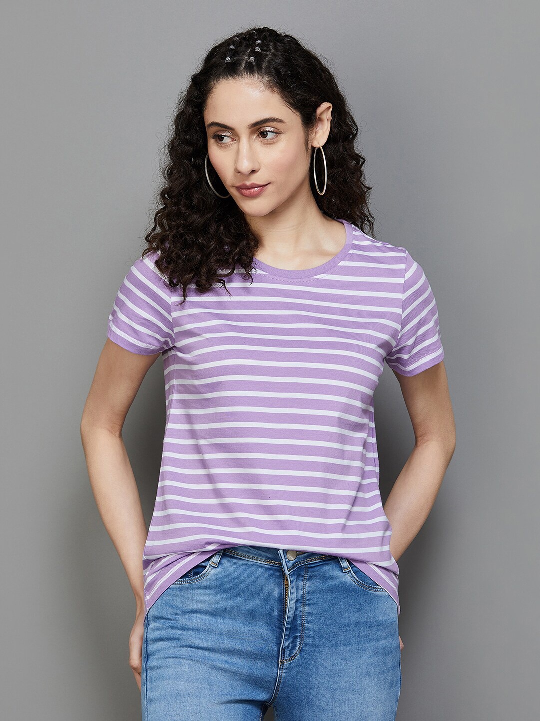 

Fame Forever by Lifestyle Horizontal Striped Pure Cotton Top, Lavender