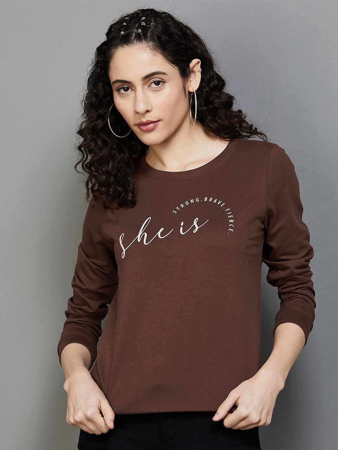 

Fame Forever by Lifestyle Typography Printed Pure Cotton Pullover Sweatshirt, Brown