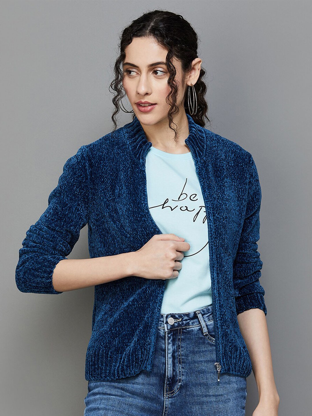 

Fame Forever by Lifestyle Mock Collar Cardigan Sweaters, Blue