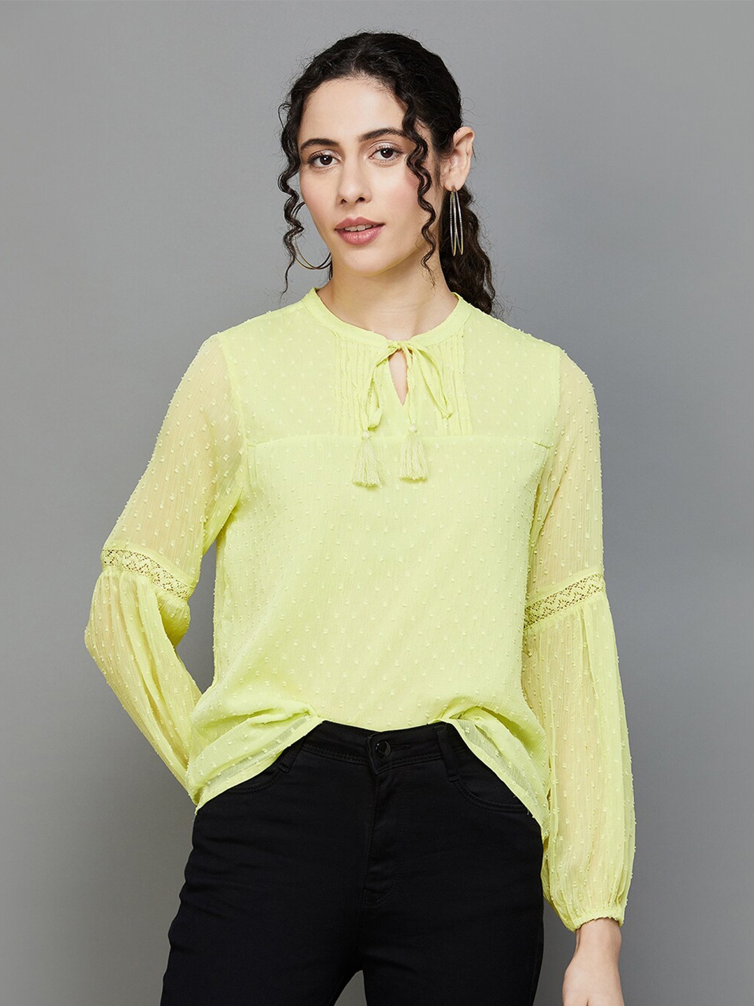 

Fame Forever by Lifestyle Cuffed Sleeves Tie-Up Neck Top, Yellow