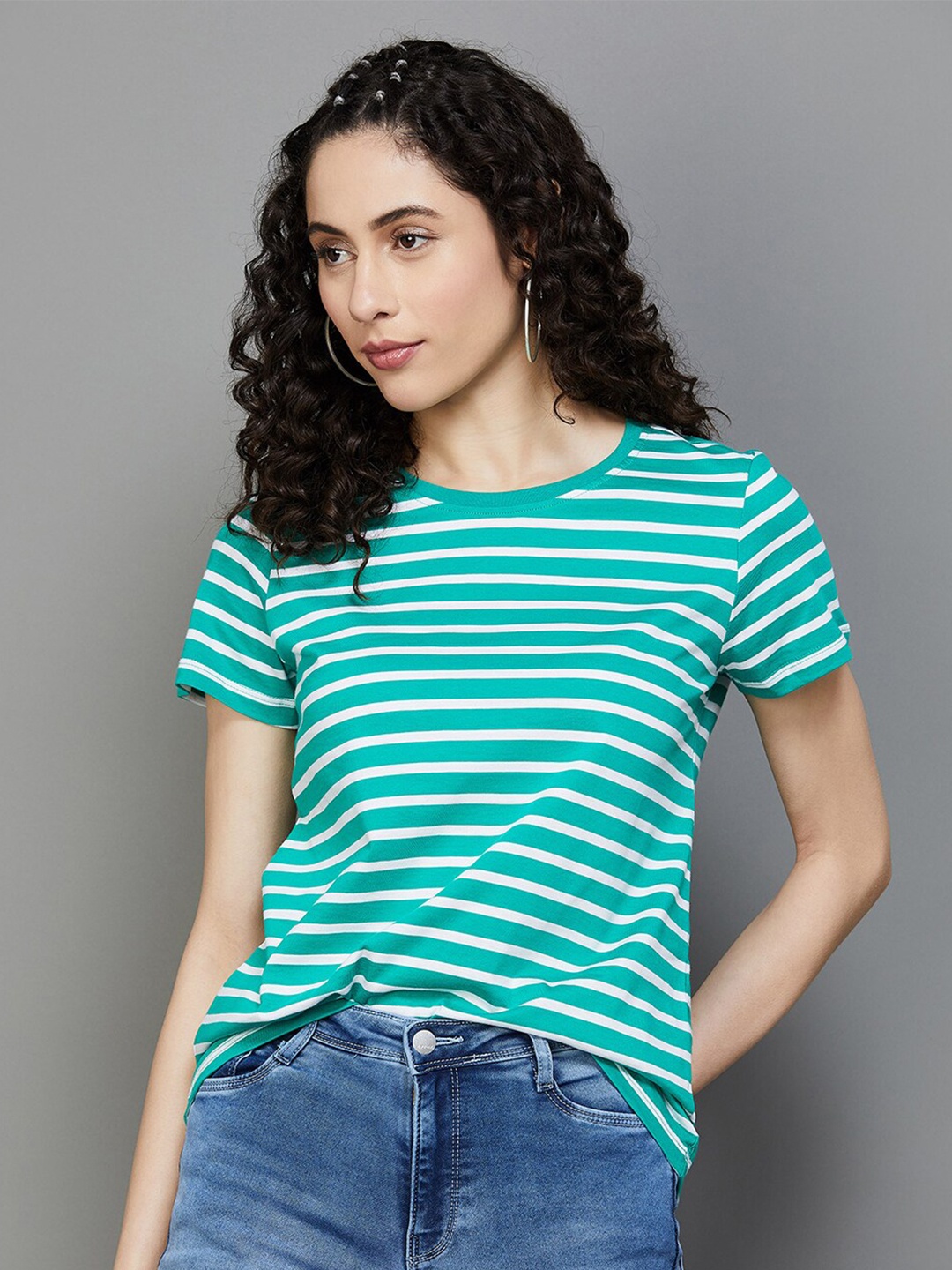 

Fame Forever by Lifestyle Striped Pure Cotton T-shirt, Green