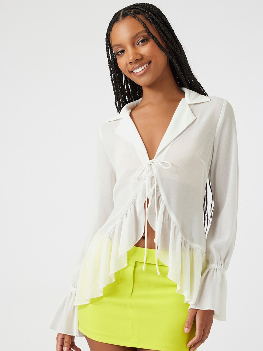 

FOREVER 21 Bell Sleeves Ruffled Sheer Shirt Style Top, White