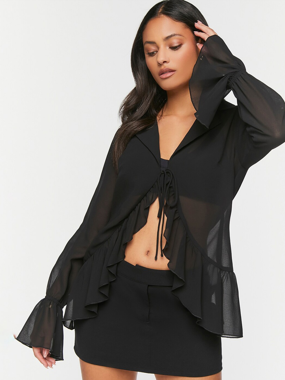 

FOREVER 21 Bell Sleeves Ruffled Sheer Shirt Style Top, Black