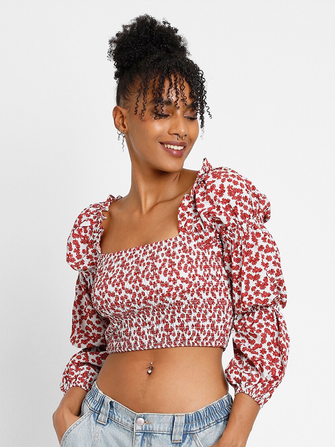 

FOREVER 21 Floral Printed Puff Sleeve Smocked Fitted Crop Top, White