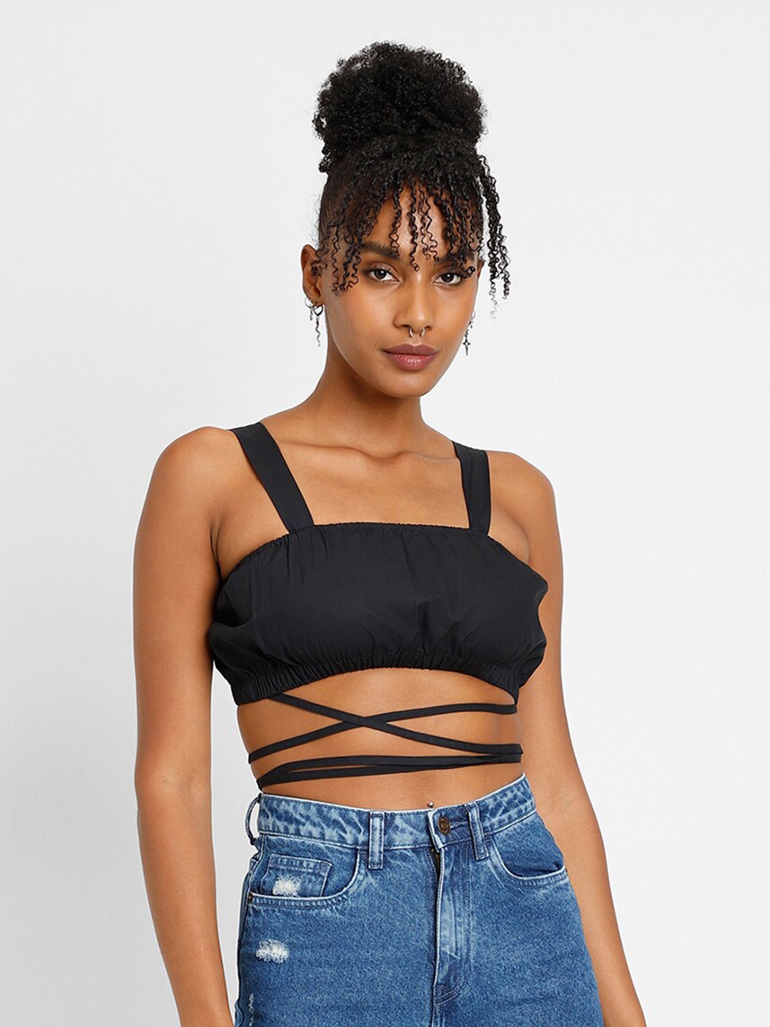 

FOREVER 21 Shoulder Straps Waist Tie Ups Pure Cotton Bralette Crop Top, Black