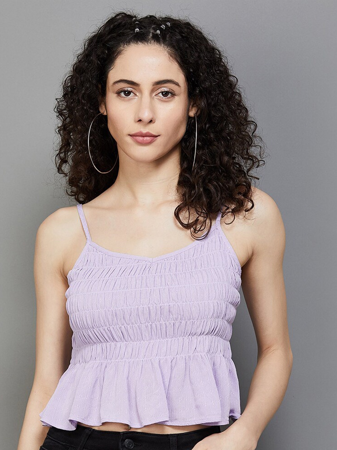 

Ginger by Lifestyle Self Design Shoulder Straps Smocking Peplum Crop Top, Purple
