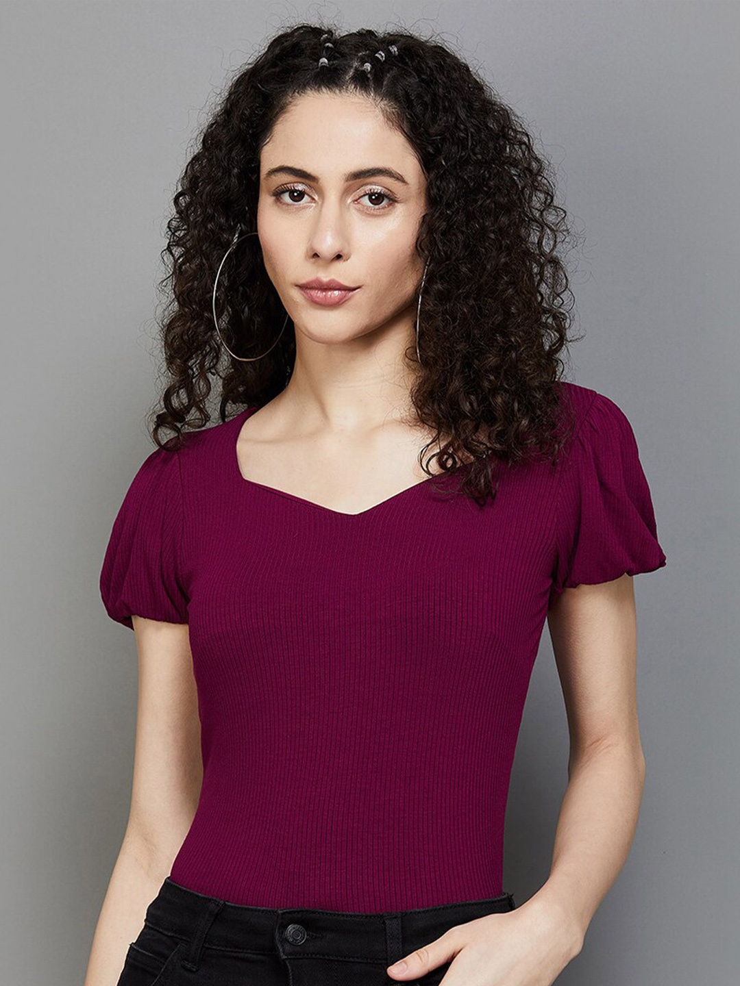 

Ginger by Lifestyle V-Neck Puff Sleeves Top, Purple