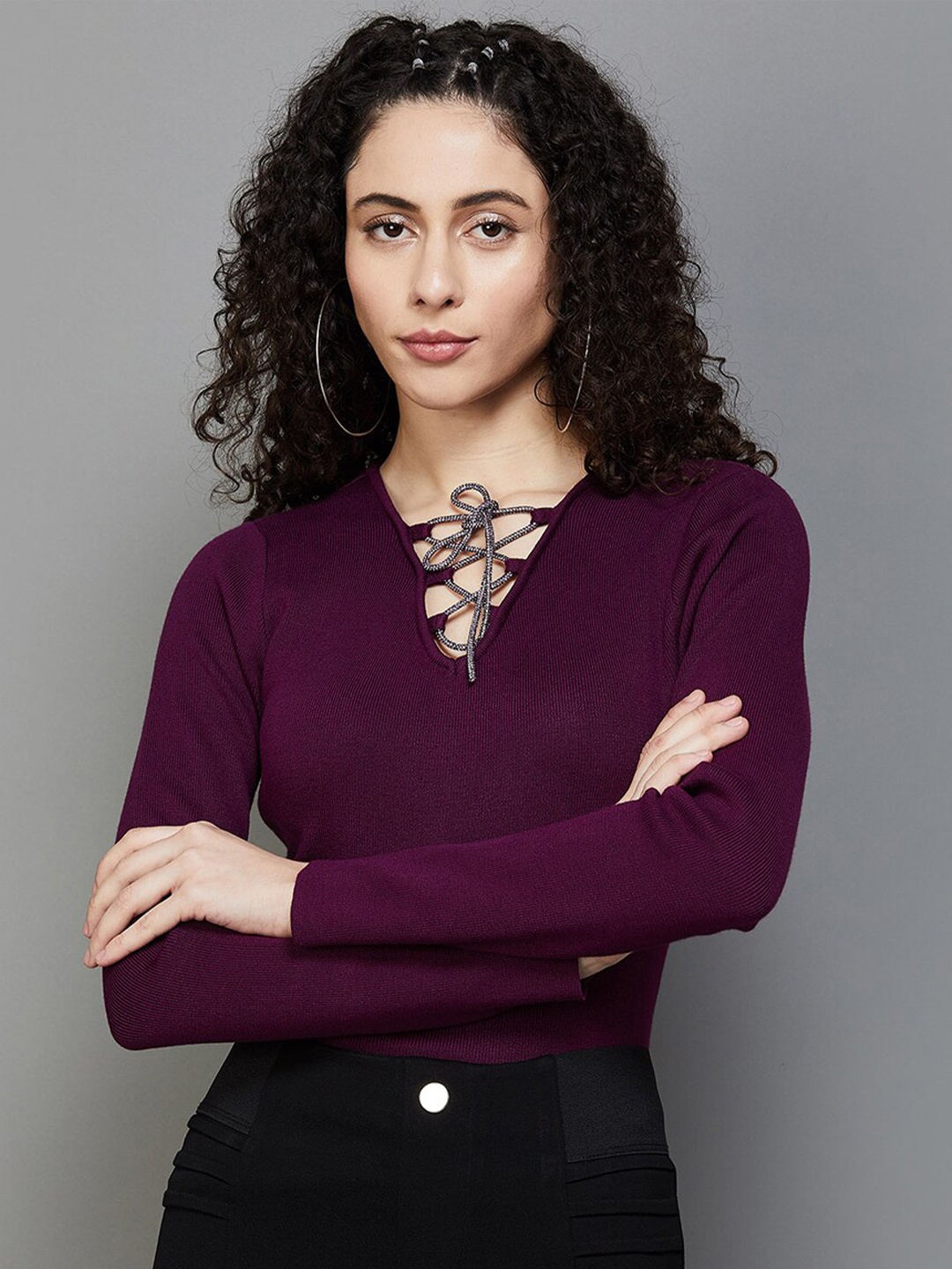 

Ginger by Lifestyle Tie-Up Neck Long Sleeves Top, Purple