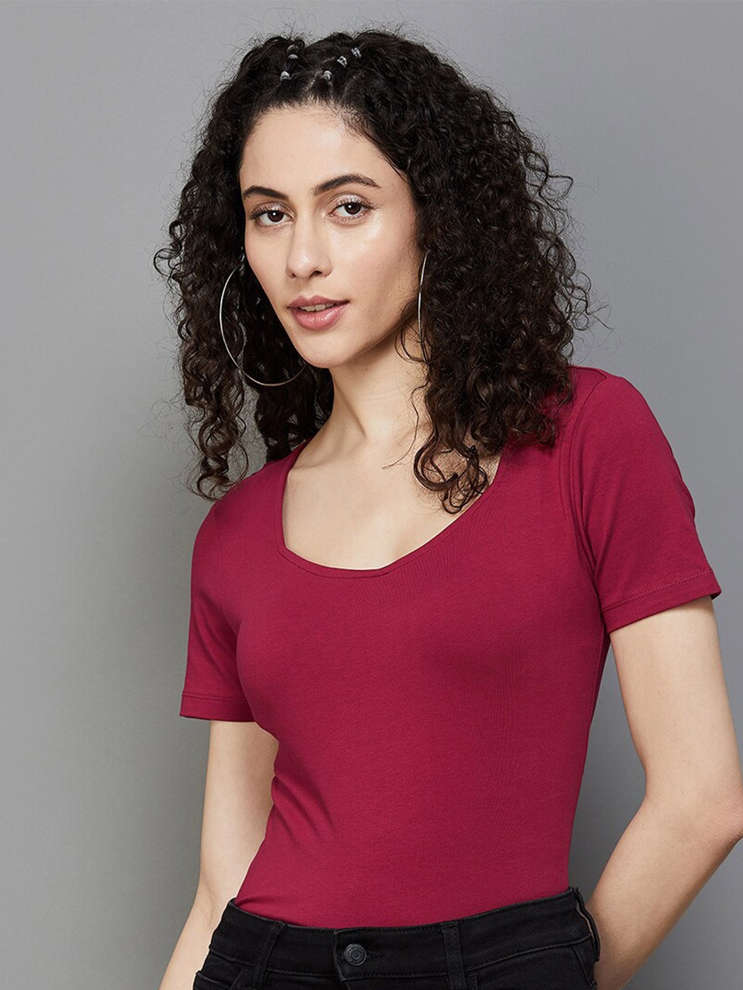 

Ginger by Lifestyle Scoop Neck Fitted Cotton Top, Maroon