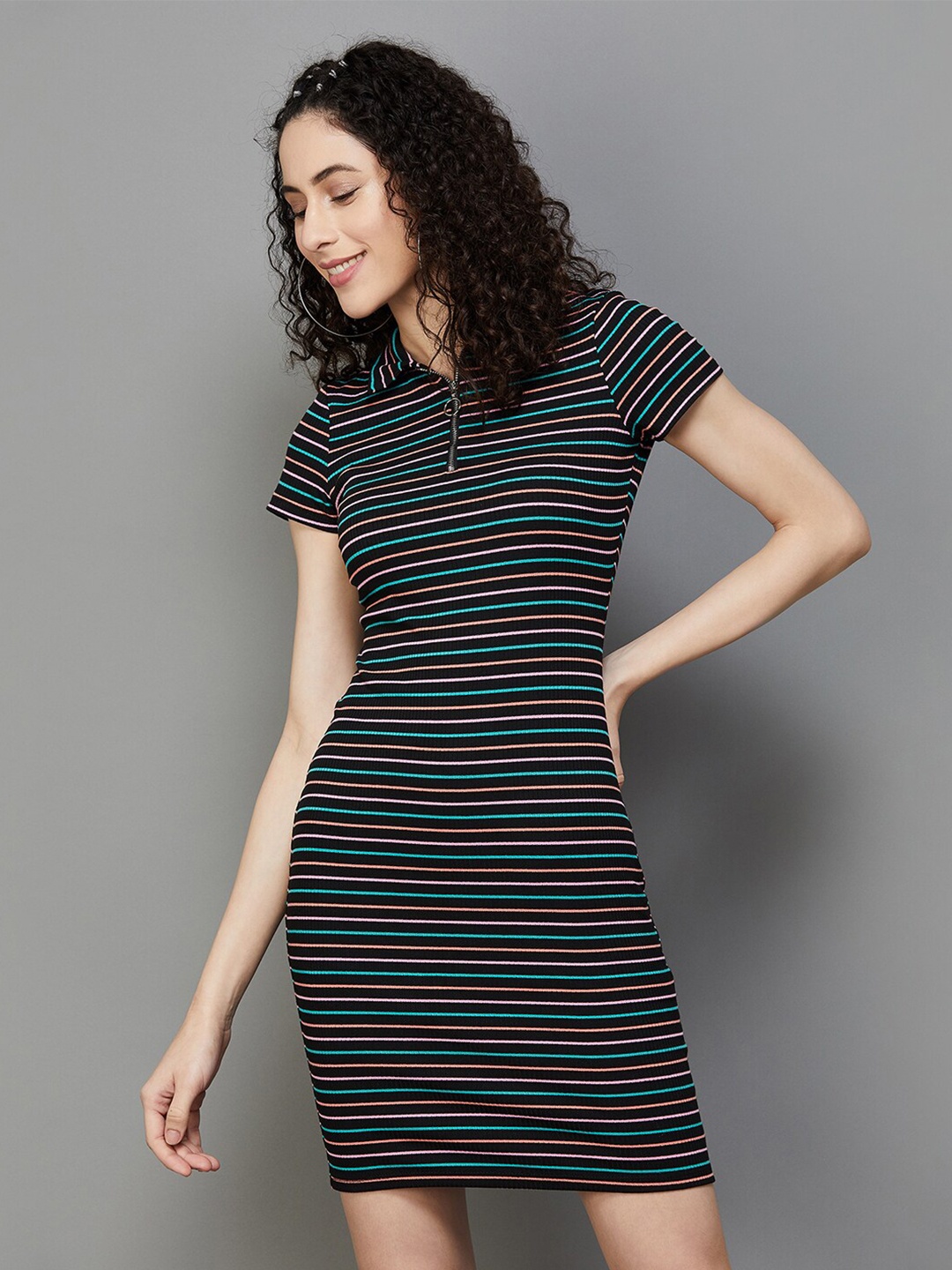 

Ginger by Lifestyle Striped Shirt Collar T-shirt Dress, Black