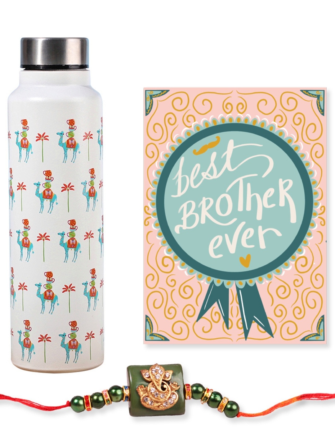 

Happening Hippo Thread Rakhi Gift Set with Stainless Steel Water Bottle & Greeting Card, Red