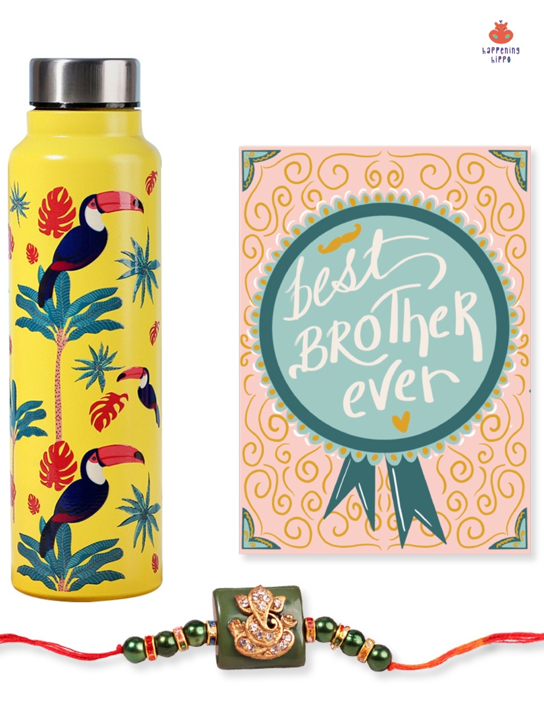 

Happening Hippo Set Of 2 Rakhi Gift Set with Stainless Steel Water Bottle & Greeting Card, Red