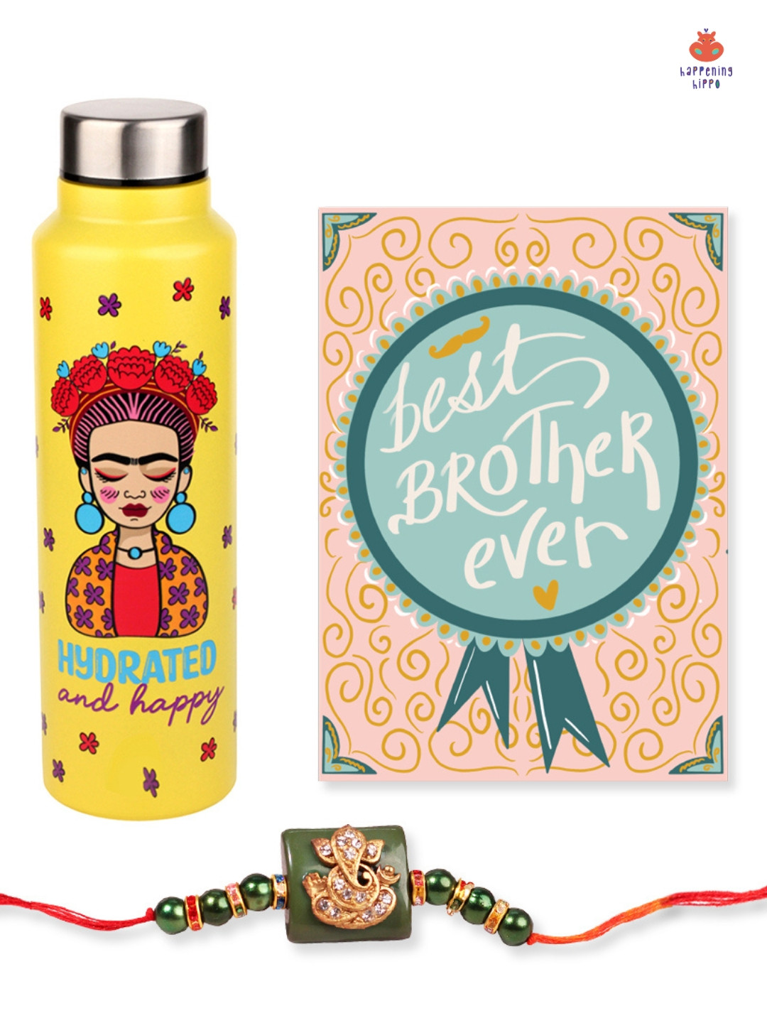 

Happening Hippo Set Of 2 Rakhi Gift Set with Stainless Steel Water Bottle & Greeting Card, Red