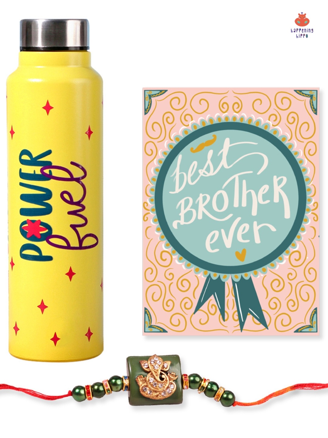 

Happening Hippo Beaded Rakhi with Roli Chawal Greeting Card & Water Bottle, Green