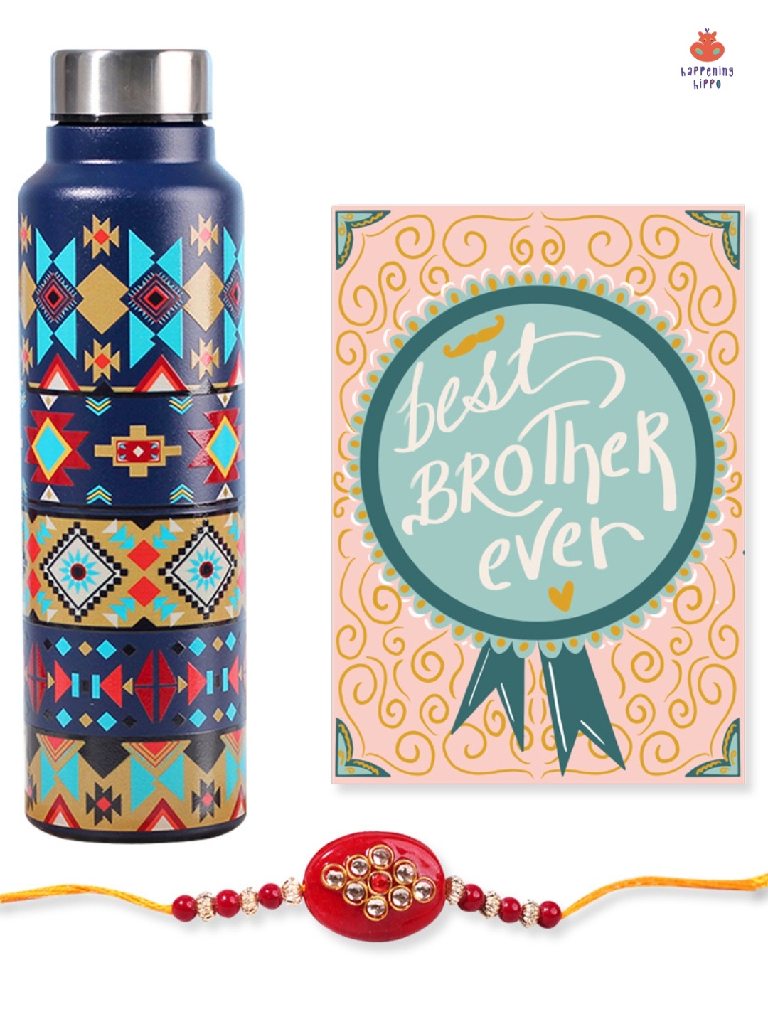 

Happening Hippo Unisex Beaded Rakhi with Roli Chawal Greeting Card & Water Bottle, Red