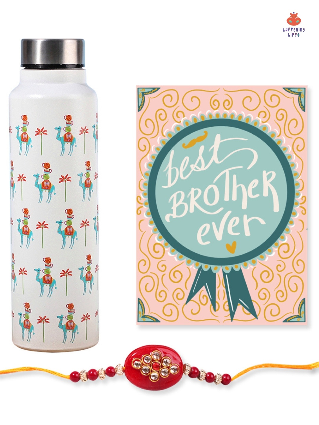 

Happening Hippo Set Of 2 Stone Studded & Beaded Rakhi With Water Bottle & Greeting Card, Maroon