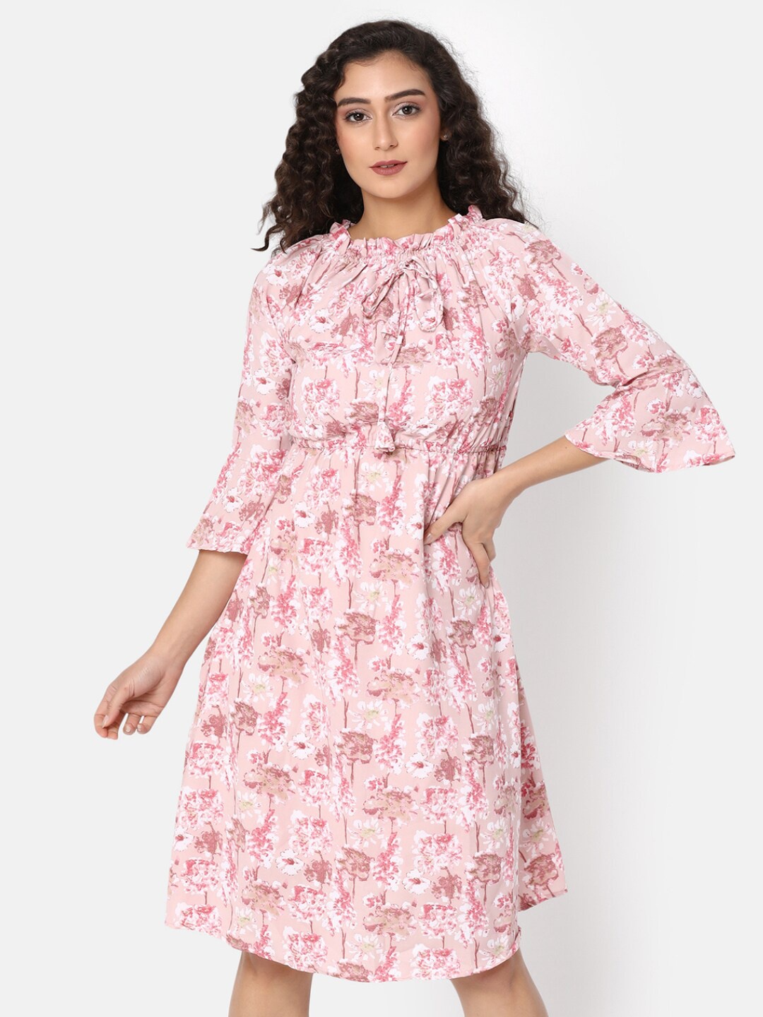 

V-Mart Floral Printed Bell Sleeves Ruffled Fit & Flare Midi Dress, Pink