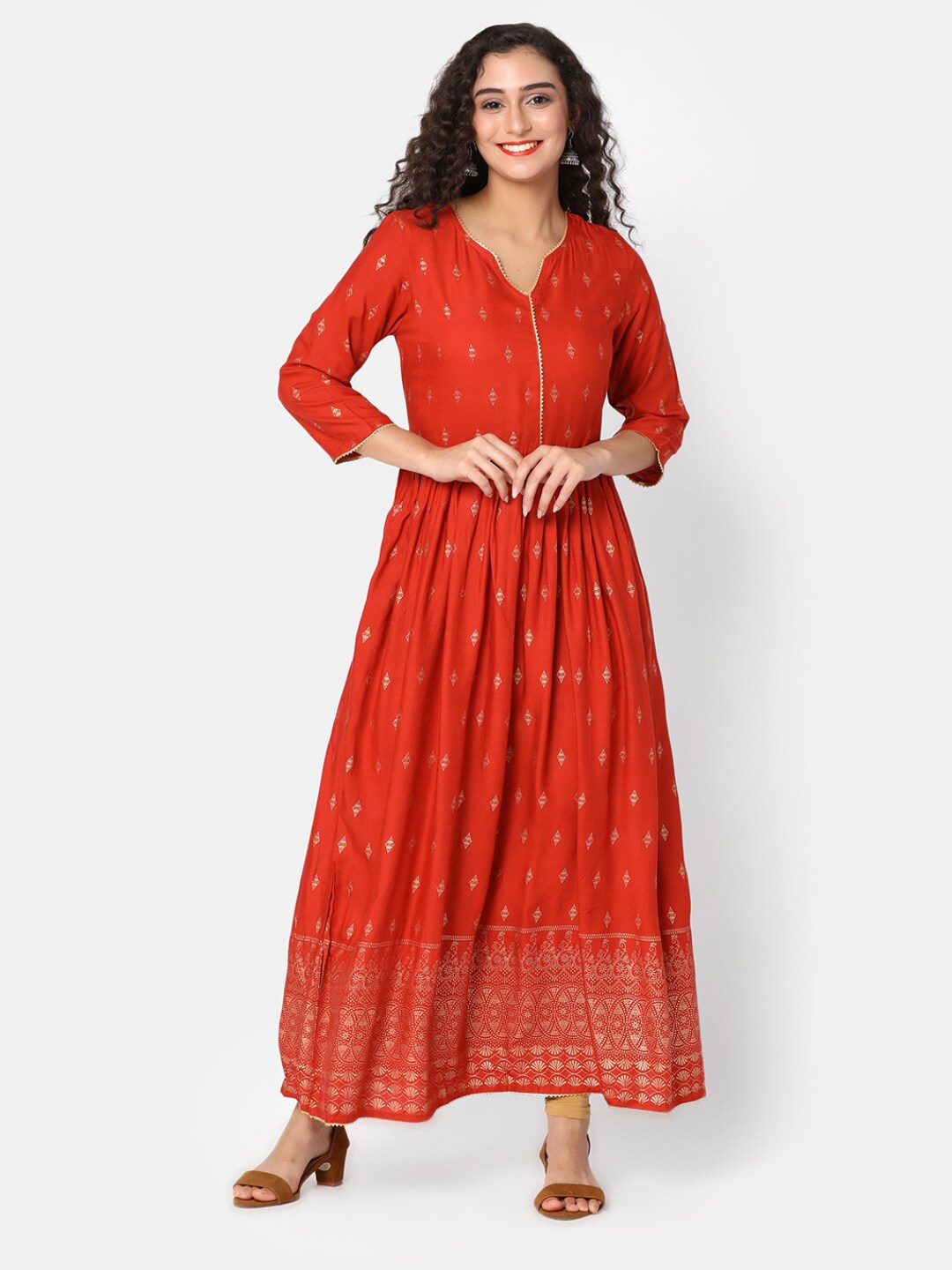 

V-Mart Ethnic Motifs Printed Round Neck A-Line Kurtas, Rust