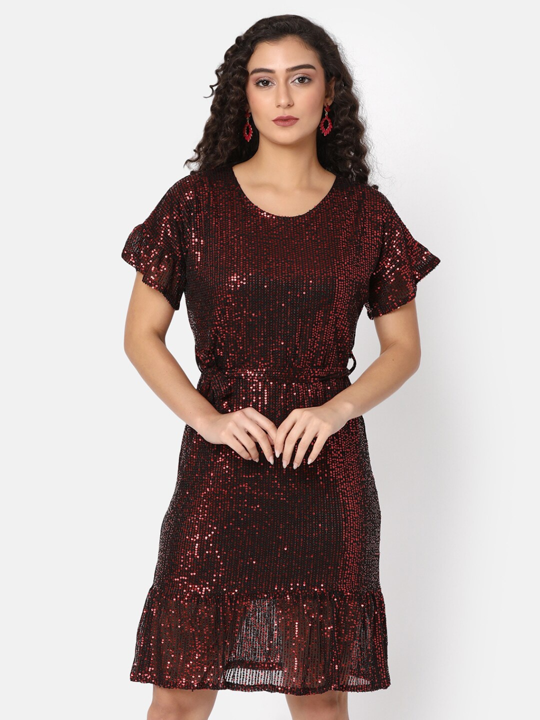 

V-Mart Self Design Flared Sleeves Embellished Tiered Flounce Hem Cotton Sheath Dress, Maroon