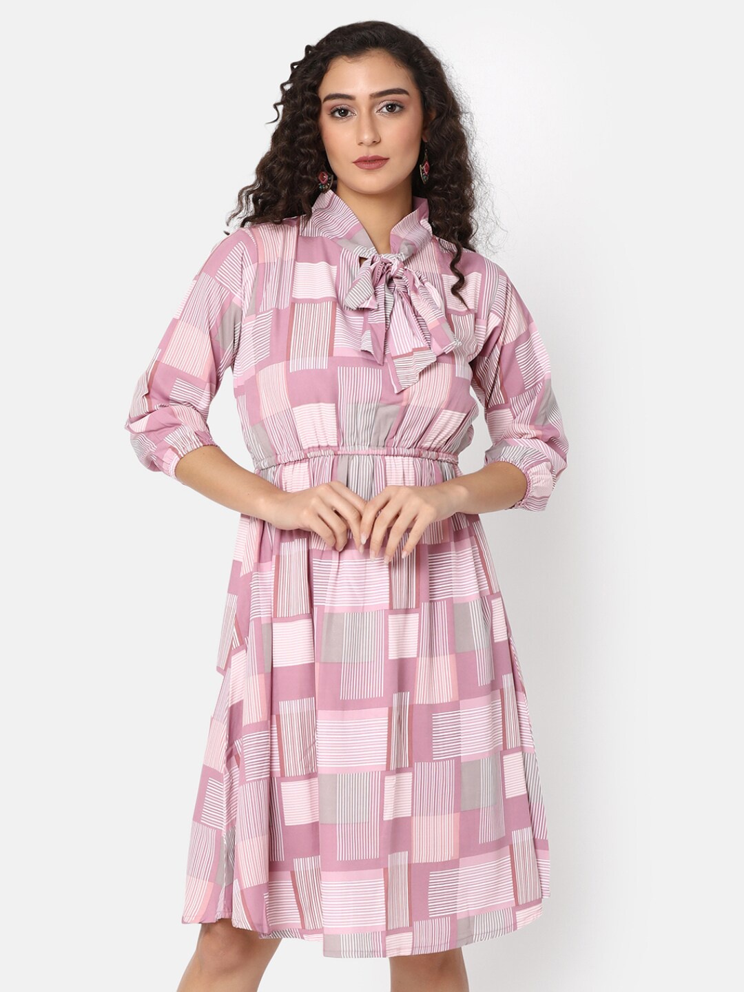 

V-Mart Checked Tie-Up Neck Puff Sleeves Cotton Fit & Flare Dress, Pink