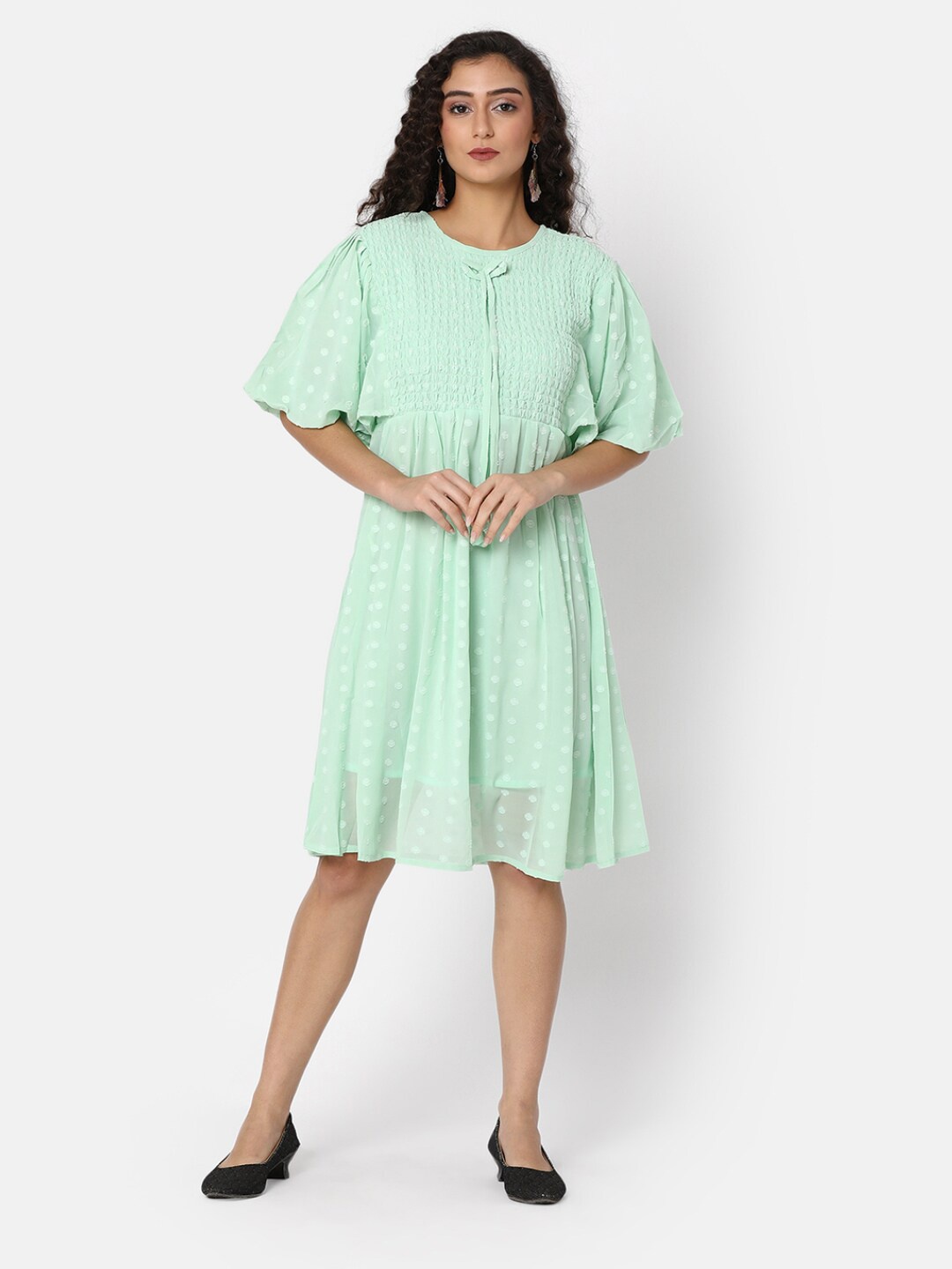 

V-Mart Self Designed Smocked Detailed Flared Sleeves Cotton Fit & Flare Midi Dress, Green