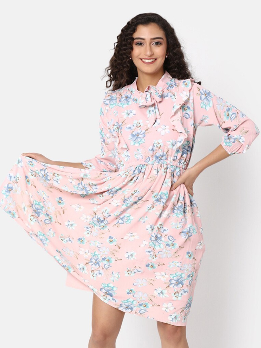 

V-Mart Floral Printed Tie-Up Neck Ruffled Fit & Flare Dress, Pink