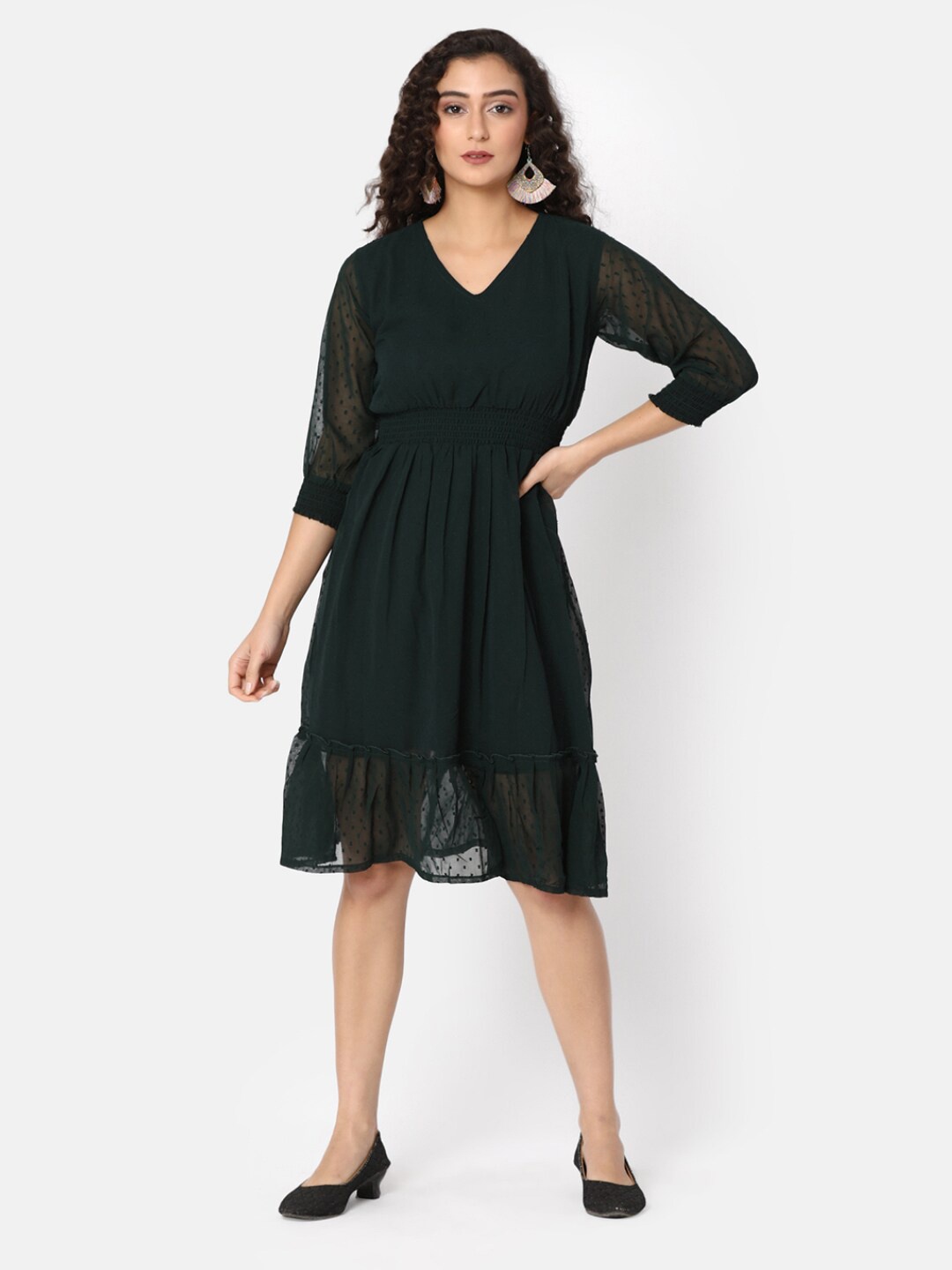 

V-Mart V-Neck Puff Sleeve Cotton Fit & Flare Dress, Green