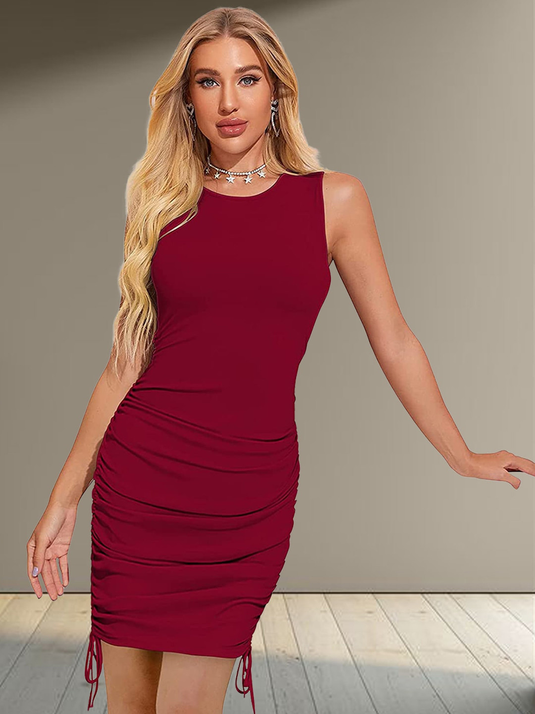 

N N ENTERPRISE Round Neck Sleeveless Tie-Ups Detail Bodycon Dress, Maroon