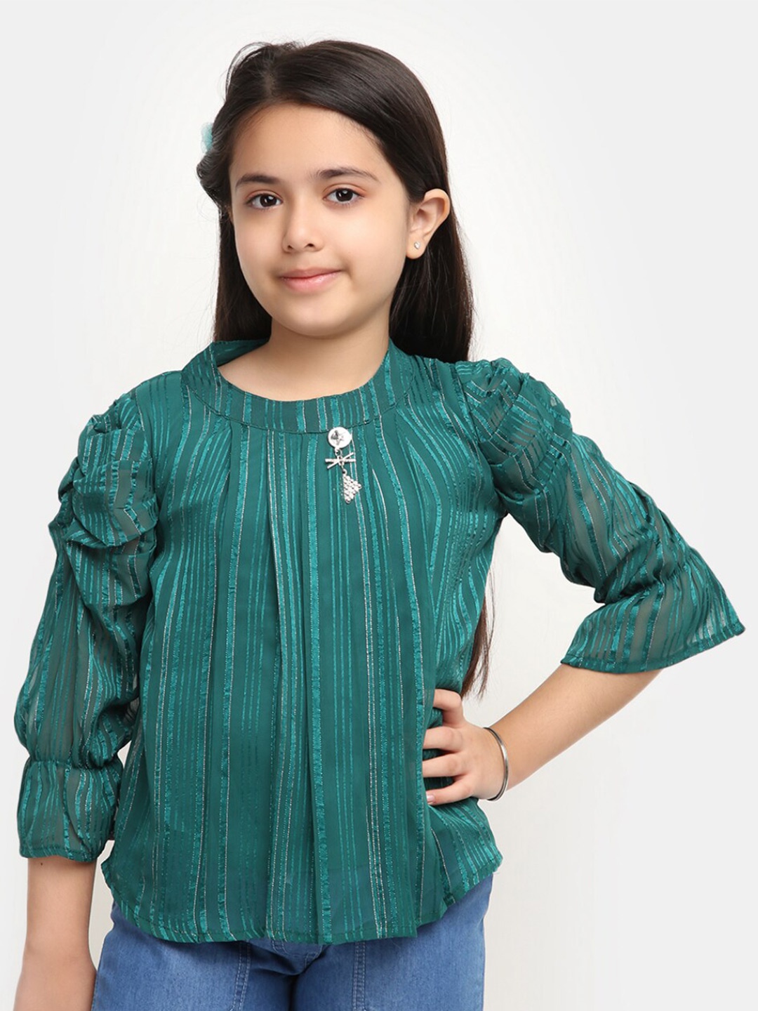 

V-Mart Girls Striped Self Design Georgette Top, Green