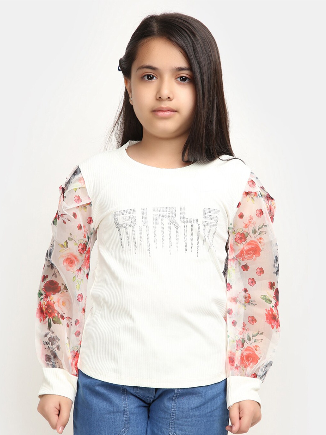 

V-Mart Girls Typographic Printed Cuffed Sleeves Top, Off white