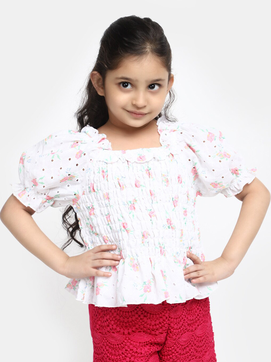 

V-Mart Girls Floral Printed Puff Sleeves Top, White