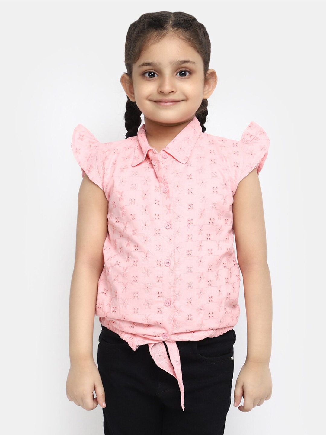 

V-Mart Girls Self Design Flared Sleeves Cotton Shirt Style Top, Pink