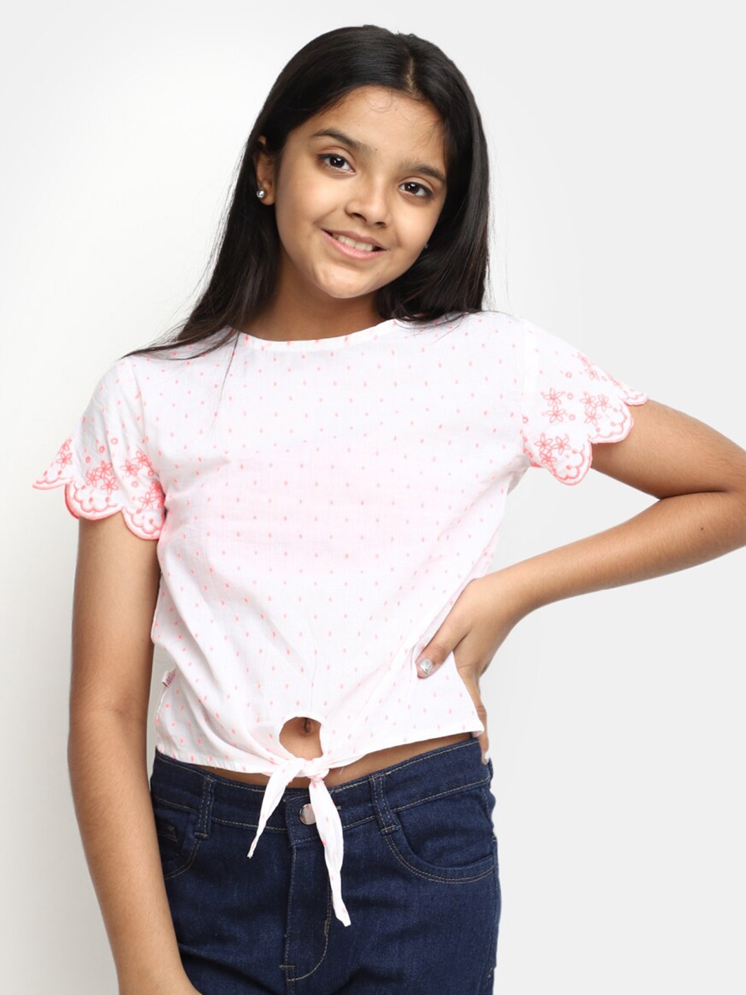 

V-Mart Girls Polka Dot Printed Round Neck Cotton Top, White