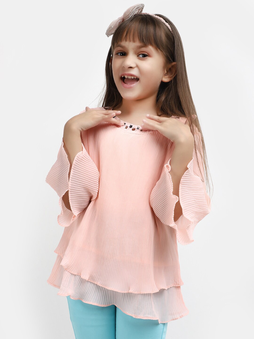 

V-Mart Girls Embellished Bell Sleeves Georgette Top, Pink