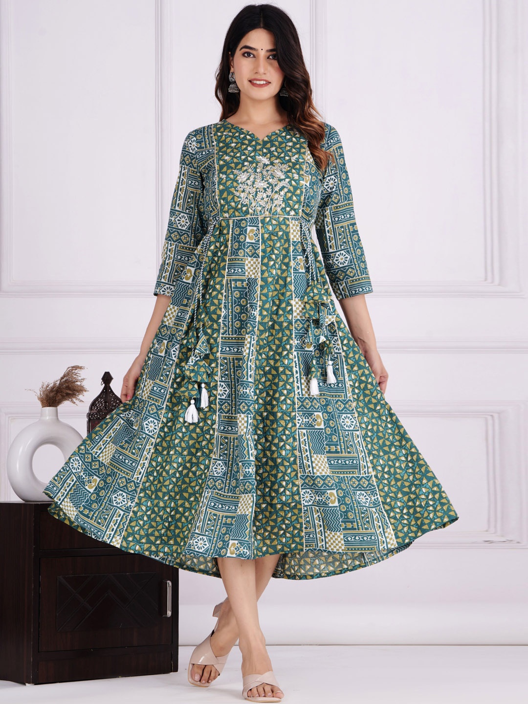 

KALINI Ethnic Motifs Fit and Flare Embroidered Ethnic Dresses, Green