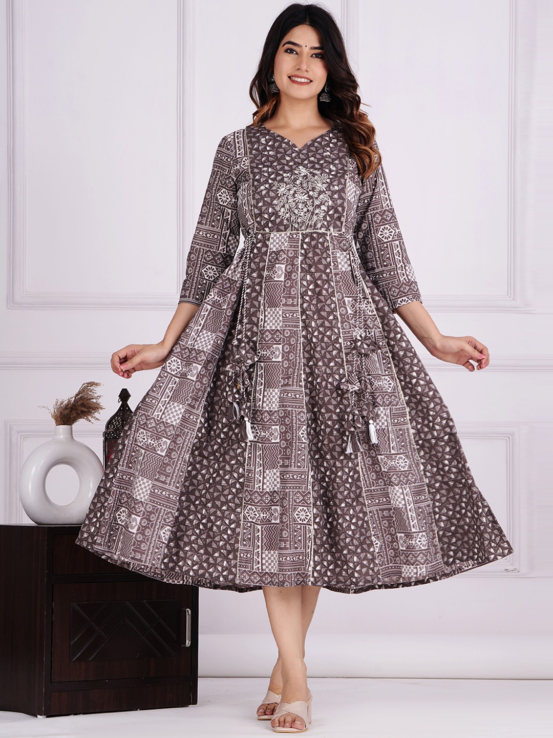 

KALINI Ethnic Motifs Fit and Flare Embroidered Ethnic Dresses, Coffee brown