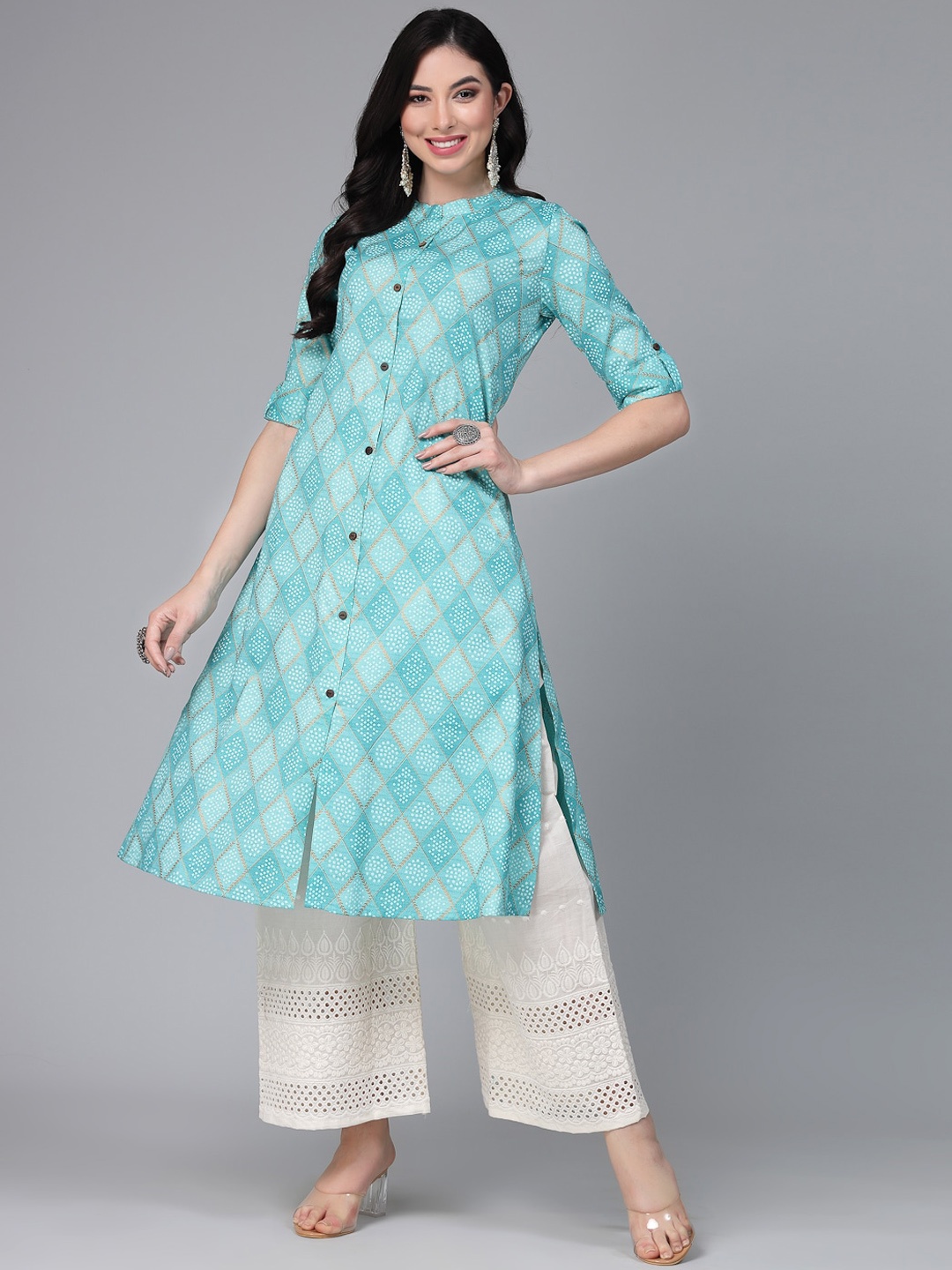 

Stylum Turquoise Blue Bandhani Printed Mandarin Collar Straight Kurta