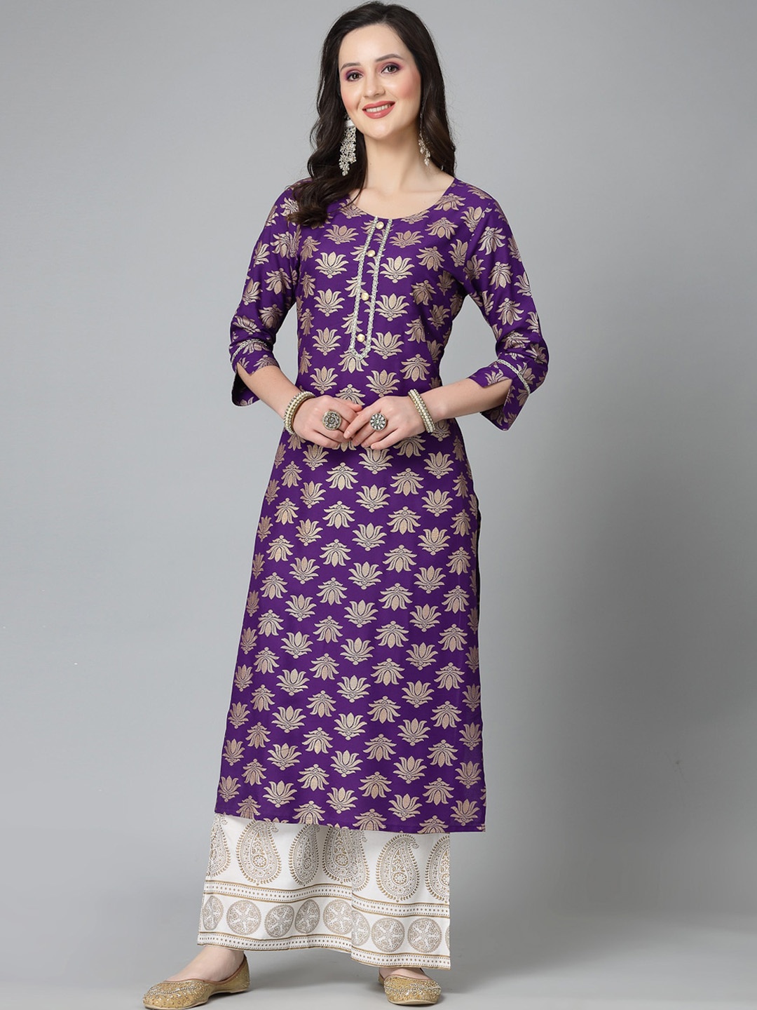 

Stylum Purple Ethnic Motifs Woven Design Straight Kurta, Violet