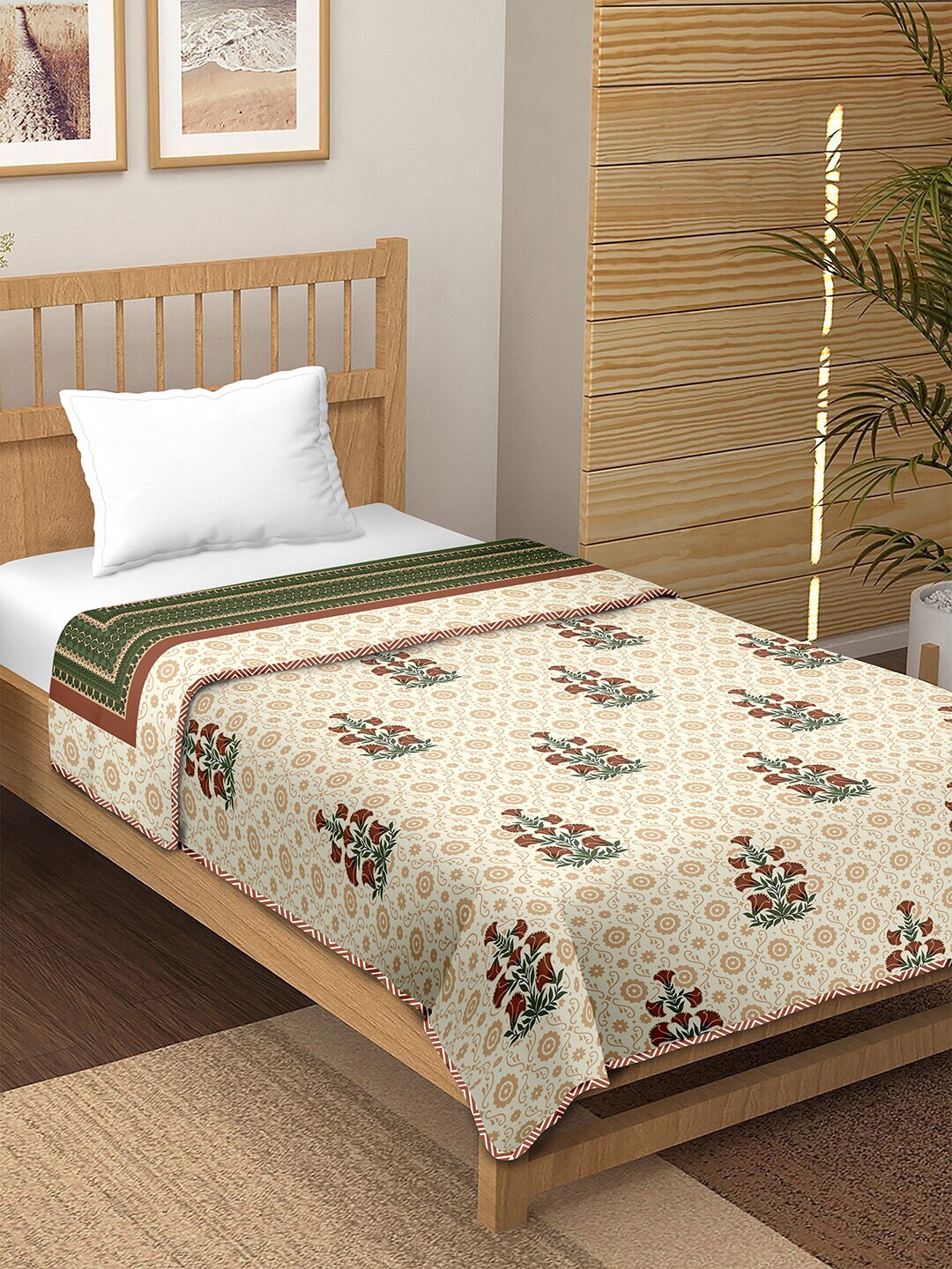 

BELLA CASA Brown Floral AC Room 150 GSM Reversible Single Bed Dohar