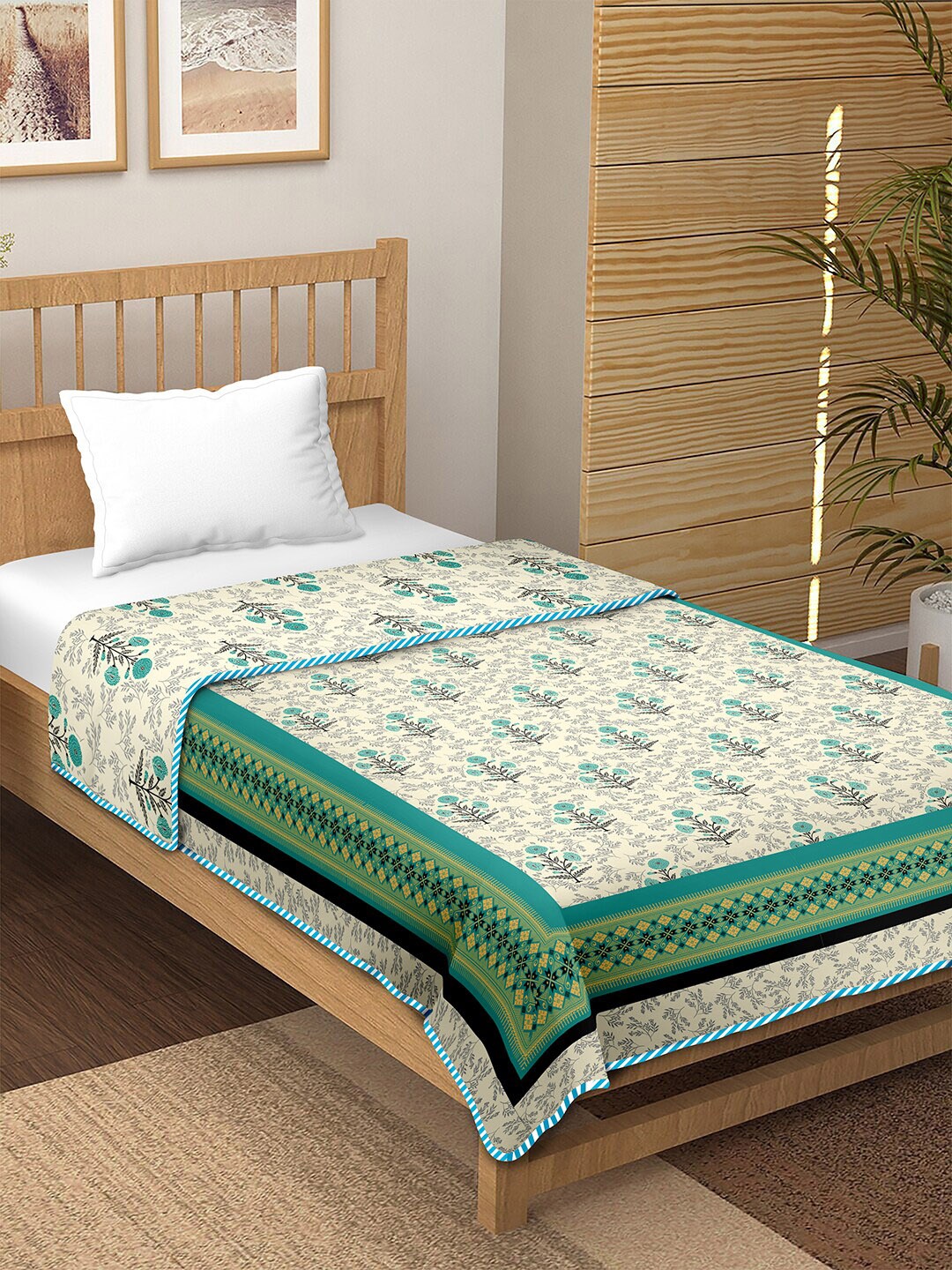 

BELLA CASA Canva Green Floral AC Room 150 GSM Reversible Single Bed Dohar