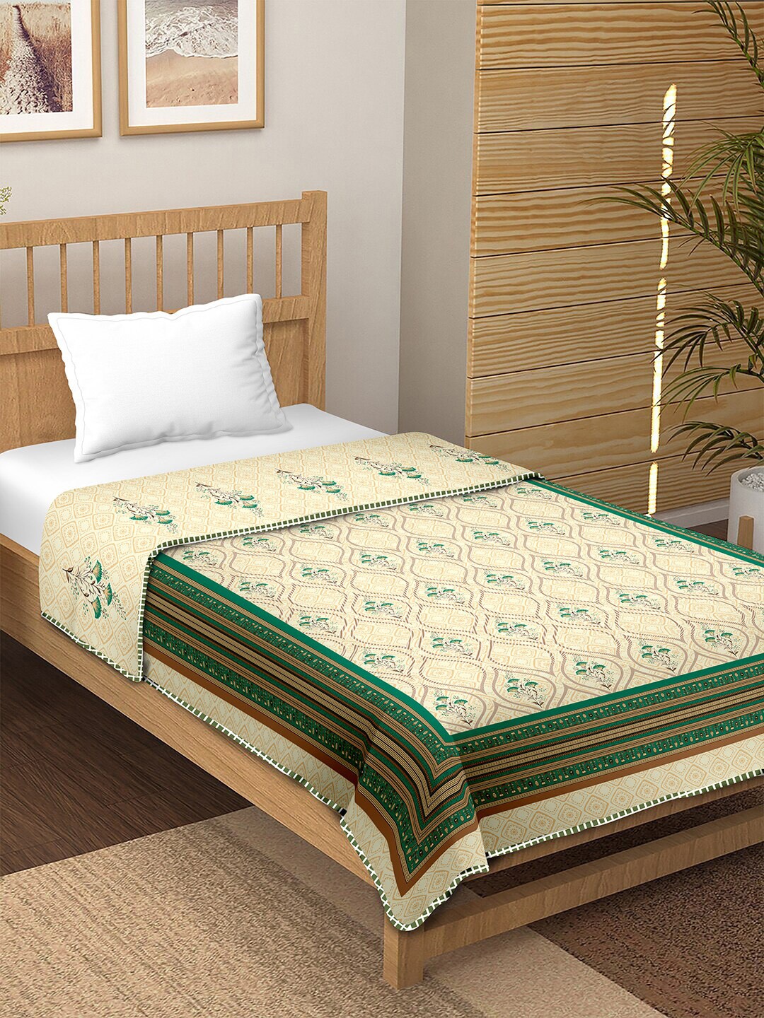 

BELLA CASA Green Floral AC Room 150 GSM Reversible Single Bed Dohar