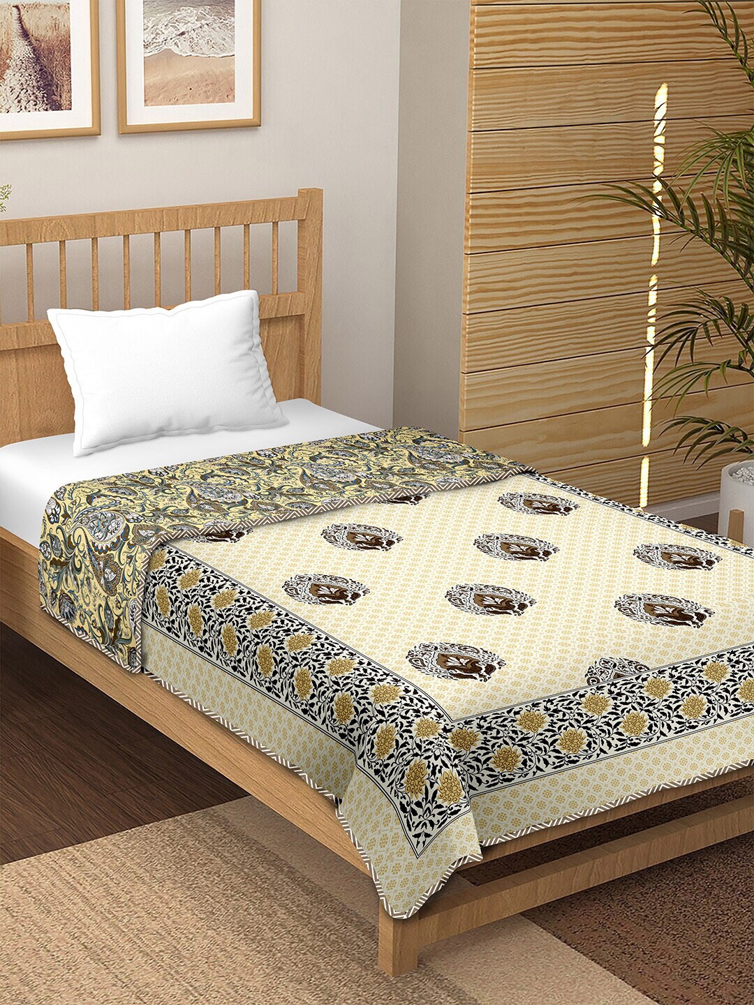 

BELLA CASA Yellow Floral Pure Cotton AC Room 150 GSM Single Bed Dohar