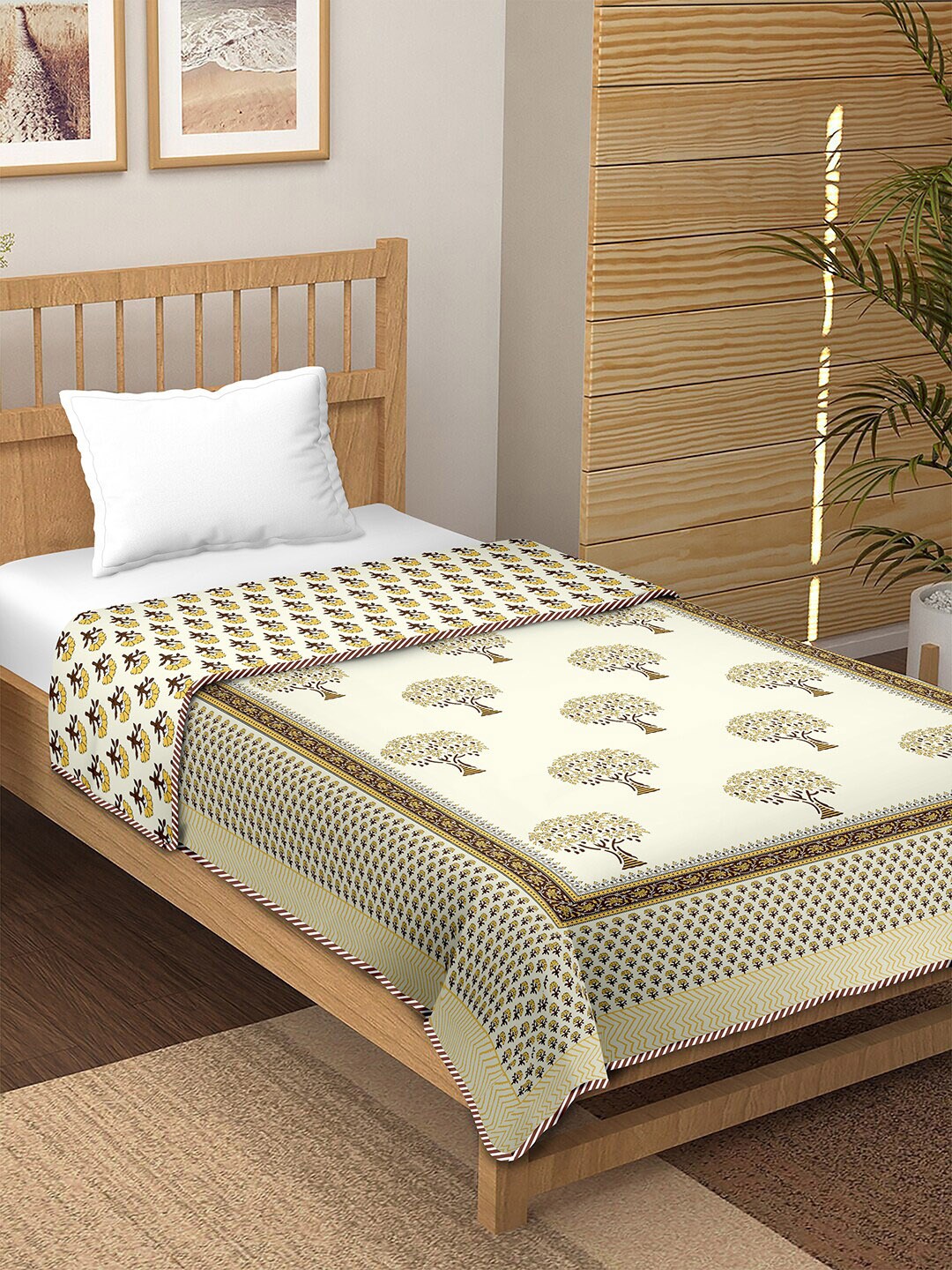 

BELLA CASA Yellow & Brown Floral Pure Cotton AC Room 150 GSM Single Bed Dohar