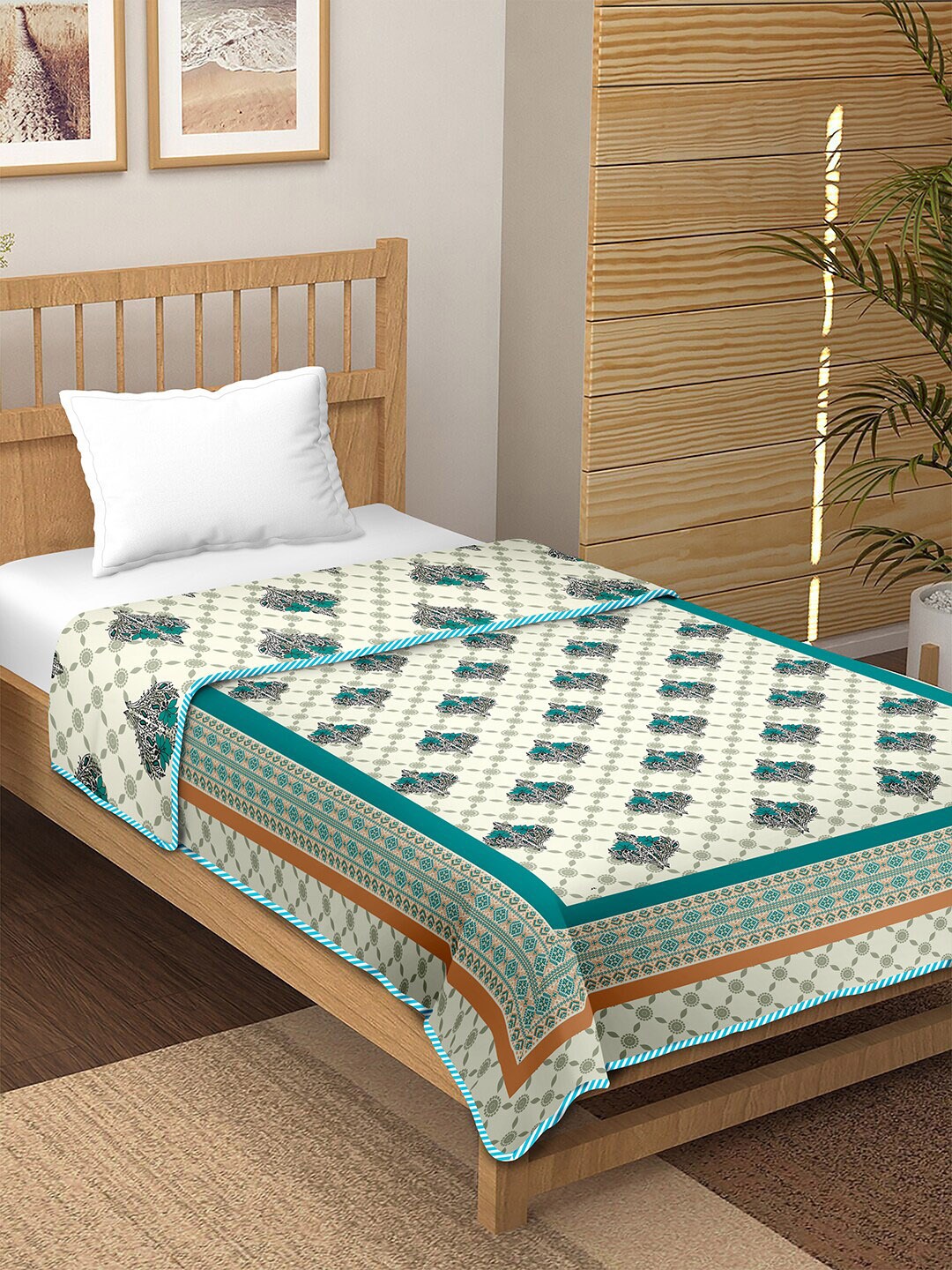 

BELLA CASA Teal Floral Pure Cotton AC Room 150 GSM Single Bed Dohar