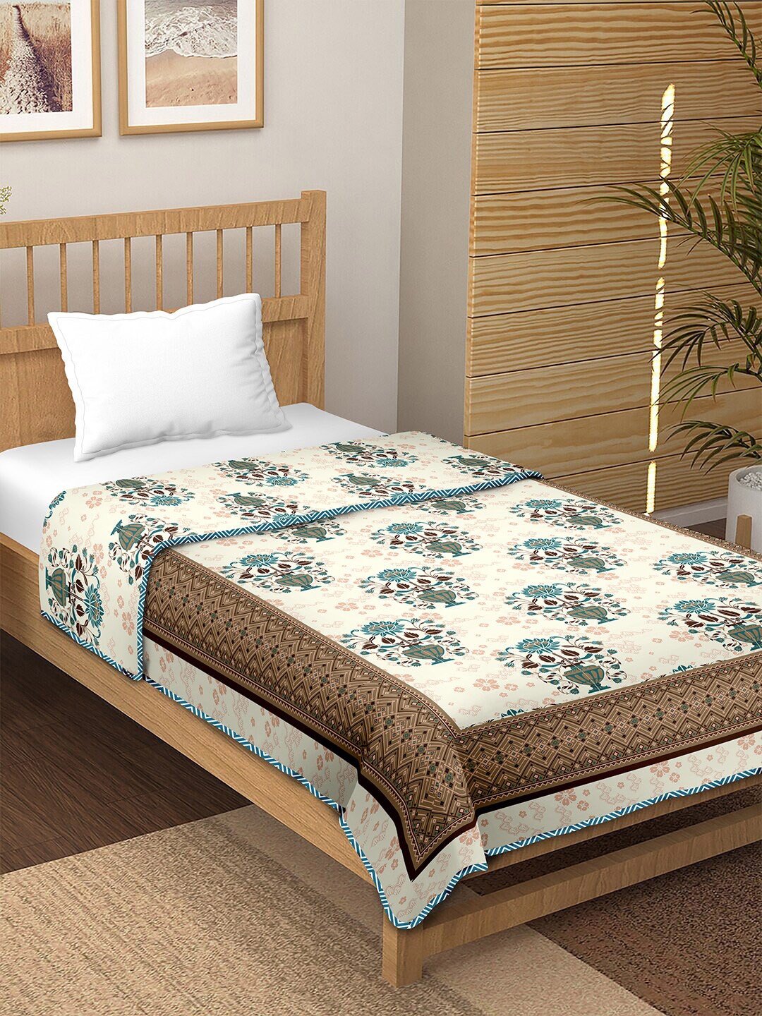 

BELLA CASA Canva Teal Floral Printed AC Room 150 GSM Pure Cotton Single Bed Dohar