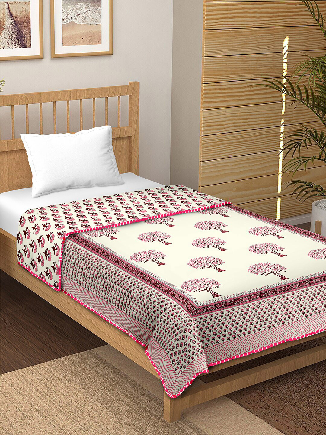 

BELLA CASA Canva Pink Floral Printed AC Room 150 GSM Pure Cotton Single Bed Dohar